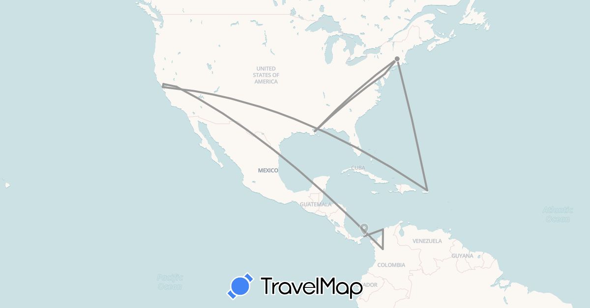 TravelMap itinerary: driving, plane in Colombia, Panama, United States (North America, South America)